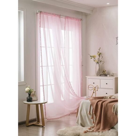 Sheer Curtains with Pom pom Linen Curtains Set of 2 Curtain Panels 54 X 53, Pink - Picture 4 of 12